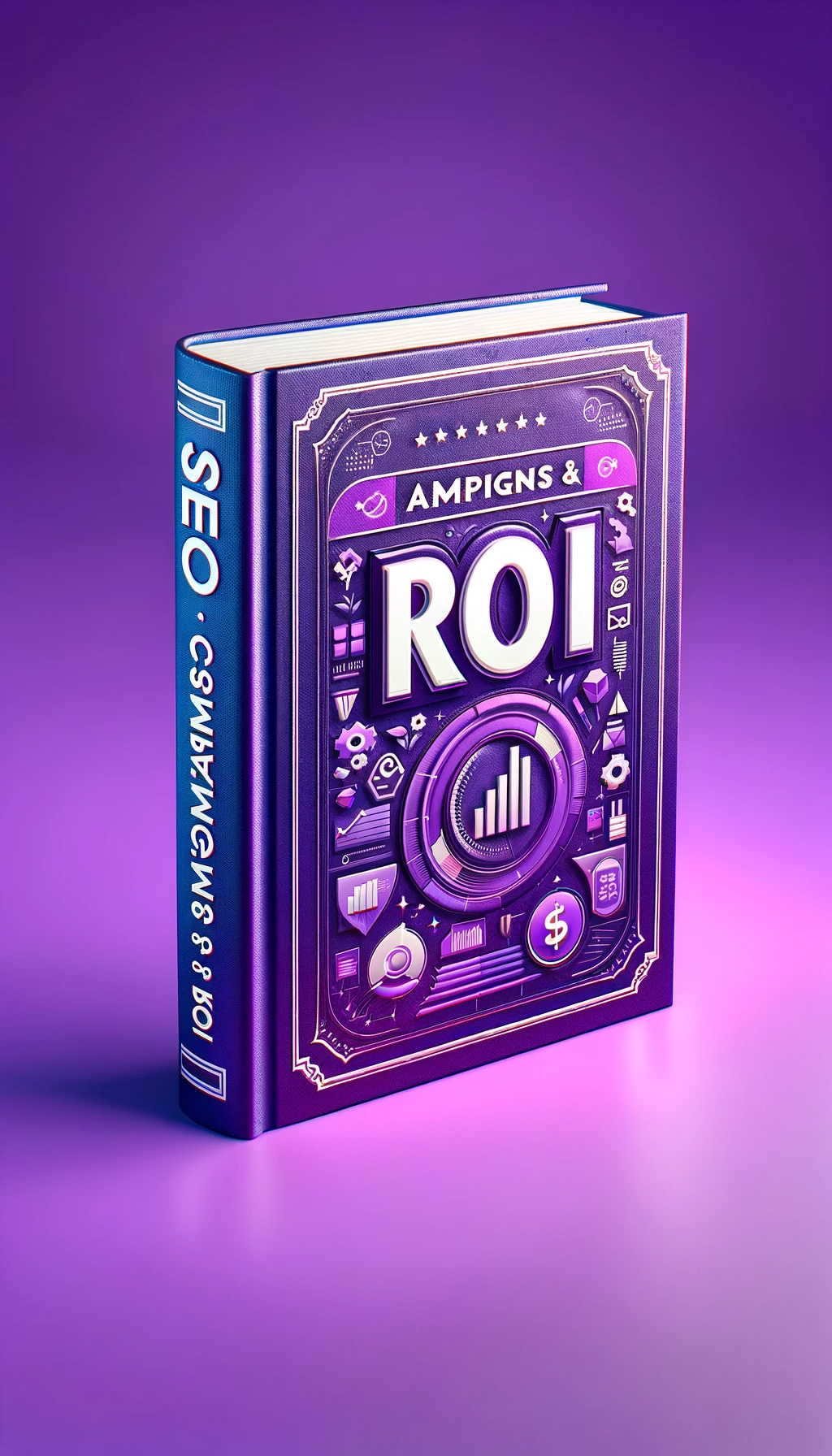DALL·E 2023 11 30 16.00.47 Create a realistic image of a standing book titled SEO Campaigns ROI. The book cover should have a vibrant purple color that dominates the design